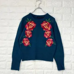 マルティニーク/M相当/青緑/花柄/長袖ニット/刺繍/ウール100％のサムネイル