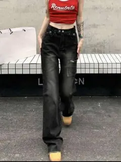 ブラック ストレートデニム ハイウエスト