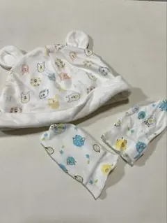 動物柄 耳付きベビー帽子とミトンセット