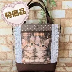 ころりんトートバッグ ねこパネル フリル＆花モチーフ 丸アップリケ D