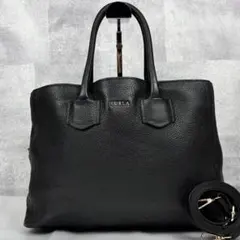 美品 FURLA レザー 2way トートバッグ ロゴ金具 ファスナー ブラック