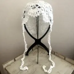 ハンドメイド　白いレース編みボンネット　バラクラバ　y2k
