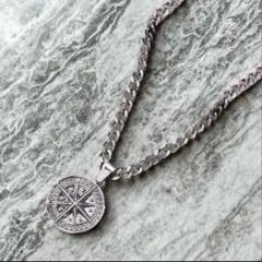 ネックレス シルバー 韓国 ユニセックス コンパス コイン ストリート 羅針盤