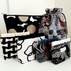 黒系　ポーチ　6点セット　バネポーチ　ファスナーポーチ　巾着　花柄　リボン