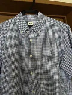 ユニクロ 青と白のチェック ボタンダウンシャツM