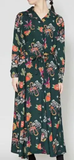 【チャイハネ】メキシカンプリントシャツワンピース グリーン　フリーサイズ