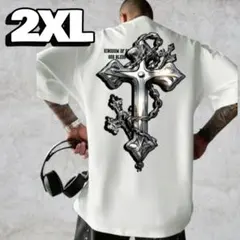 2XL ホワイト クロスデザイン Tシャツ ストリート 半袖 オーバーサイズ