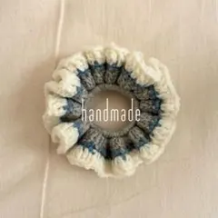 ハンドメイド フリルシュシュ ホワイト×グレー×ブルー