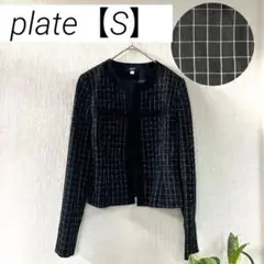 アウター　ノーカラー　チェック　ジャケット plate 黒　白　大人 オフィス