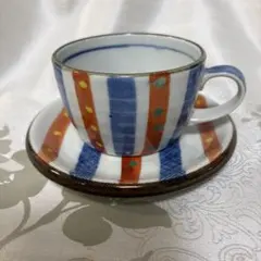 三陶 萬古焼カップ＆ソーサー 染付 ストライプ柄　カフェオレカップ　スープカップ