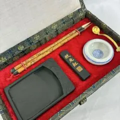 中国産 硯箱・筆・墨 アンティーク 書道セット ミニサイズ ヴィンテージ