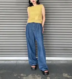 美品 M UNIQLO ドレープデニム タックパンツ ワイドデニム