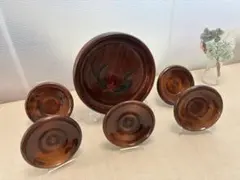 【天然木×漆塗り】花彫りお盆＆茶托5枚セット和モダン・おもてなし・昭和レトロ