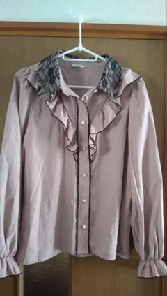 フリルレース襟★ピンク長袖ブラウス★ Lサイズ