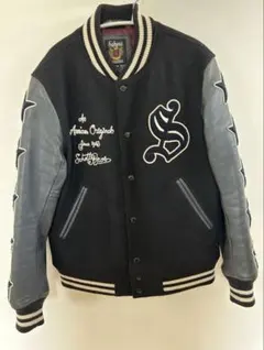 SCHOTT ショット 刺繍ウールスタジャンLポケットレザー切替え グレー 黒 SCHOTT ショット 刺繍ウールスタジャンLポケットレザー切替え