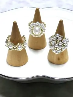 パールと金色ビーズのハンドメイドリング3点セット№35.十三号から十五号位