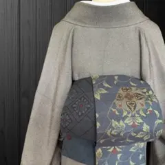 着物反物* 茶紫絞り小紋と格子柄紬 大人の兵児帯 半幅帯 長尺465cm