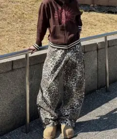 【Chikashitsu + 】 レオパードコットンワイドパンツデニムパンツ L