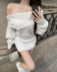 オフショルダー ニットミニワンピース ホワイト 値下げ可能です！