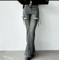カットアウトデザイン デニムフレアパンツ