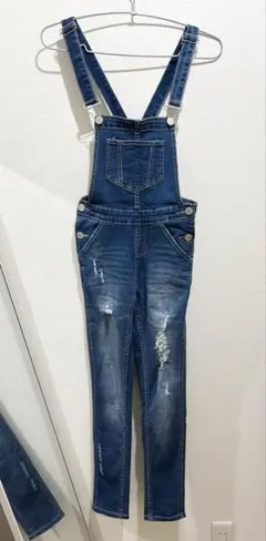 ダメージ加工 ストレッチデニムオーバーオール　M