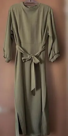 授乳用両サイドファスナー、ベルト付きロングワンピースLサイズ