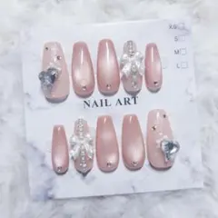 【現品】ピンクマグネット ネイルチップ リボン 韓国 ワンホン スナ系