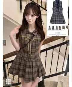 チェック柄リボンノースリシャツミニワンピース［dk1565］