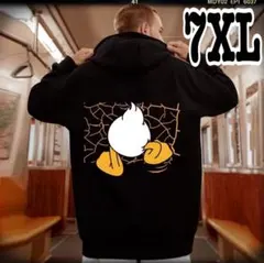 (188)大きいサイズアヒルプリントパーカーブラックオーバーサイズ黒裏起毛