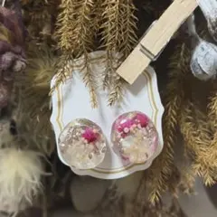 ドライフラワーと貝殻のハンドメイドピアス