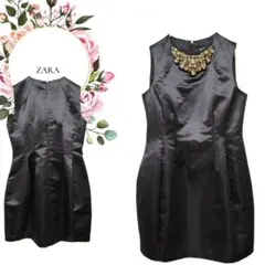 【ザラ】ZARA♡ビジュー付ノースリーブワンピースドレスバルーン【М】光沢♡黒系