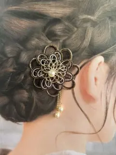 水引のかんざし　和装　髪飾り　水引アクセサリー　ブラウン×ゴールド