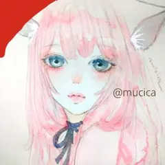 手描きイラスト　ポストカード　オリジナル　水彩画　猫　猫耳