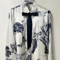 ZARAザラ 花柄プリント リボン ボウタイ とろみシャツ M ボタニカル柄