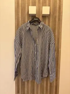 ZARA ネイビー　ストライプ　長袖シャツ L