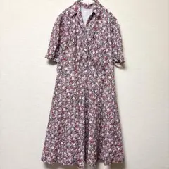 ヴィンテージ 花柄 ワンピース シャツ 半袖 膝下 M 赤 紫 白 綿 お出かけ