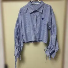 ストライプ柄 袖リボン 長袖シャツ ブルーのサムネイル
