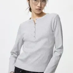 UNIQLO リブヘンリーネックT/長袖 M ライトグレー