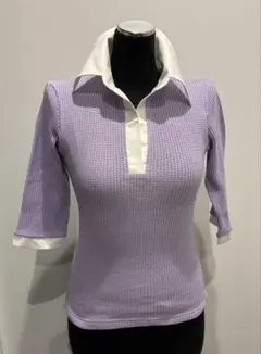 ラベンダー 五分袖、綿100%素材サマーニット 、ホワイト襟付きトップス