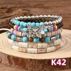 ボヘミアンスタイル 蝶々 ターコイズ 木ビーズ レディース ブレスレットセット