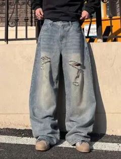 ライトブルーダメージデニムワイドレッグ