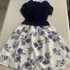 リランドチュール　ドッキングワンピース　白地　花柄スカート　ネイビー　ニット