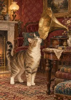 蓄音機に耳を澄ます猫 ヴィンテージ アートポスター インテリア 絵画 壁掛け