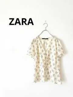 ZARA 花柄ブラウス 半袖 とろみ Vネック フラワー ベージュ 上品 S相当のサムネイル