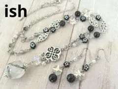 【C130】ishブラックトルマリン・黒針水晶ネックレス＆ピアス
