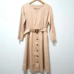 ナチュラルビューティベーシック　長袖　ロングワンピース　L　ベージュ　ベルト付き