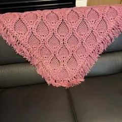 ハンドメイド 手編みショール ピンク フリンジ付き