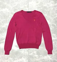 美品✨️ラルフローレン Vネックニット ピンク M コットン100％ 刺繍ロゴ