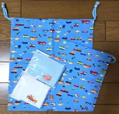 【カーズ】子ども用ガーゼマスク2枚【働く車柄】コップ入れ、体操服入れ　4点セット