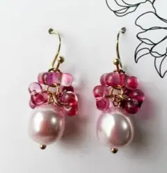 ハンドメイド ピンクパール フープピアス